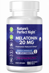 Nature's Perfect Night melatonin 20mg tablets in bottle for convenient nightly use.