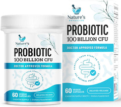 Nature's Physician Probiotics bottle front displaying high-potency 100B CFU for gut health