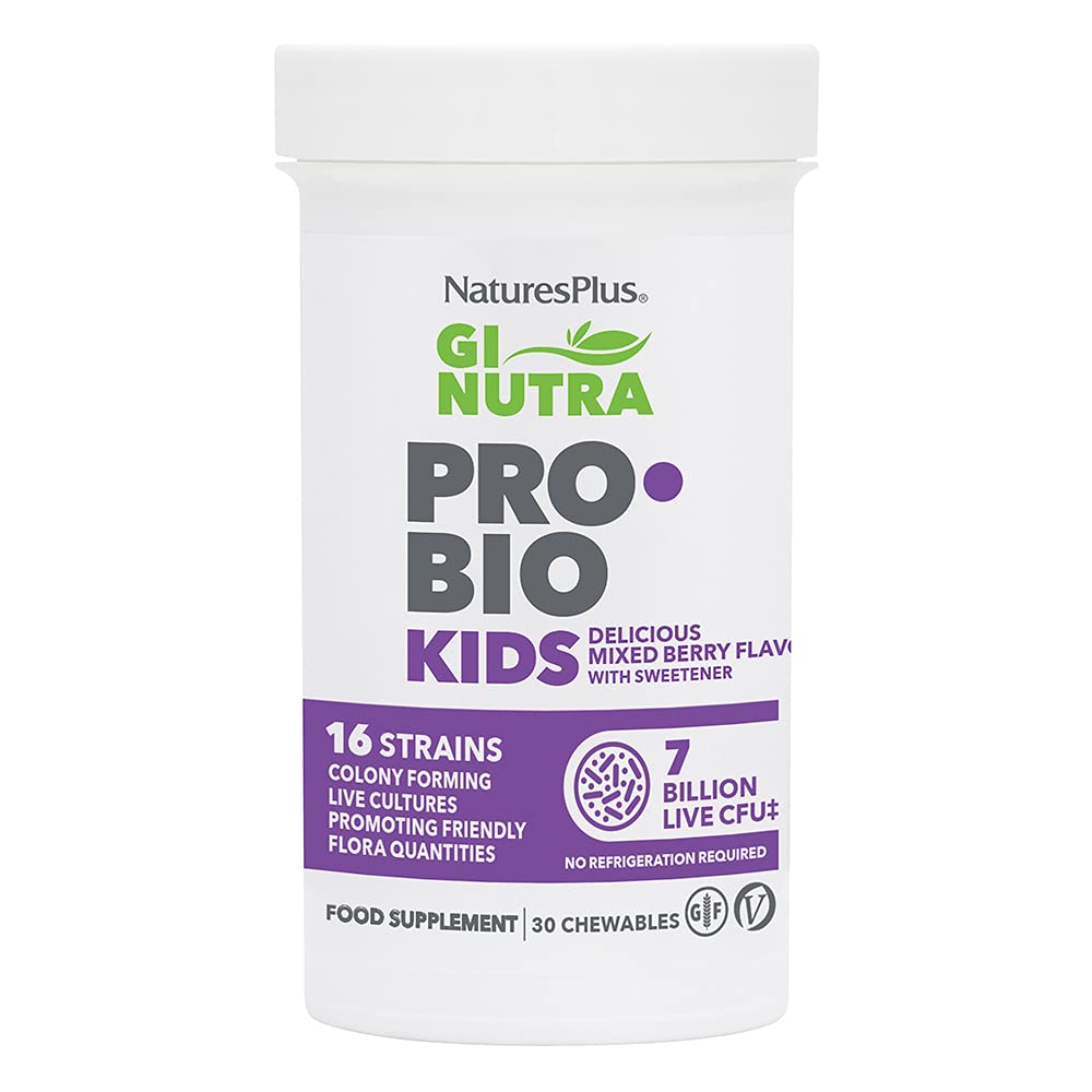 Nature's Plus GI Natural Probiotic Kids bottle with Mixed Berry flavor supports digestive comfort