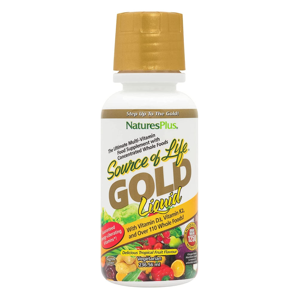 Natures Plus Source of Life Gold Liquid bottle shows tropical flavor for daily vitality.