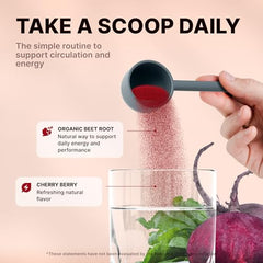 Smoothie with beet powder, rich red hue, convenient daily drink for ongoing energy.