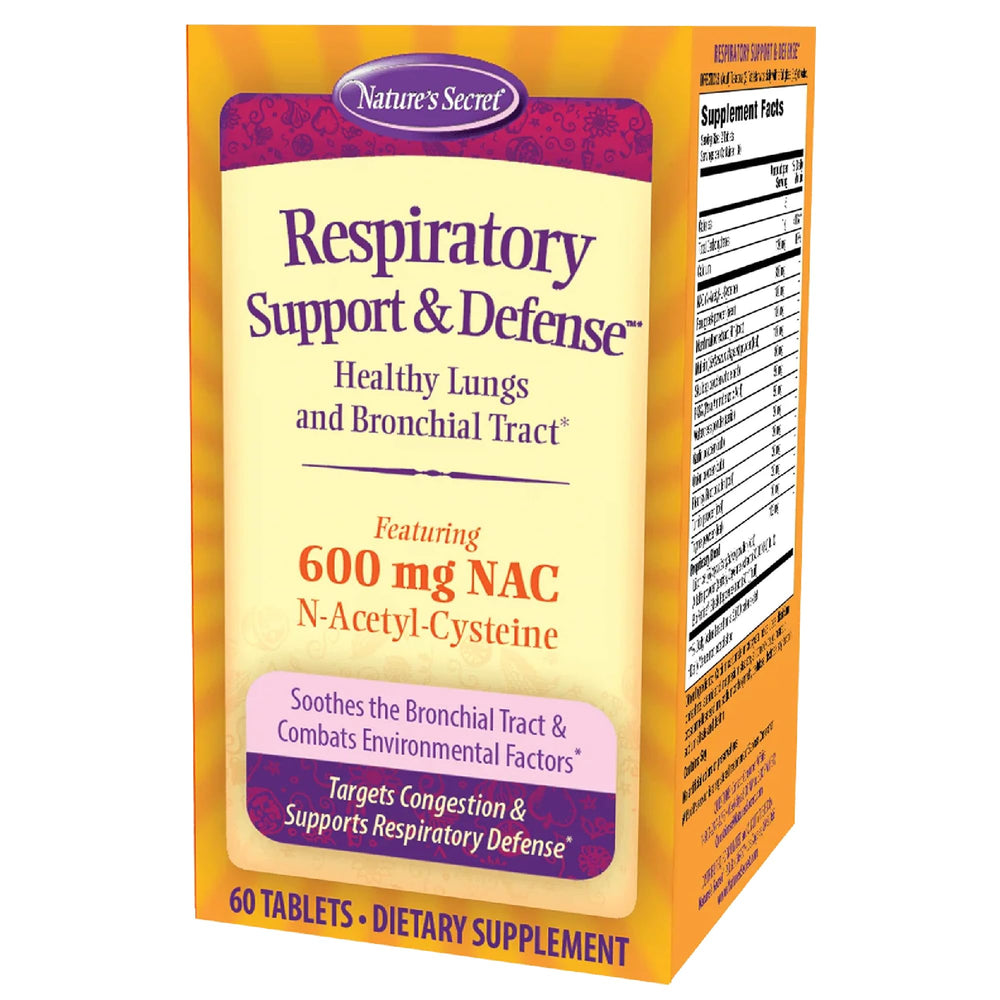 Nature's Secret Respiratory Support bottle showcases supplement form for daily wellness.