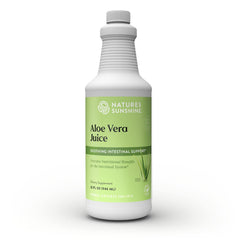 Nature's Sunshine Aloe Vera Juice 32 Oz bottle with clear label for daily internal use