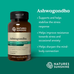 Nature's Sunshine Ashwagandha bottle pour demonstrates easy daily usage.