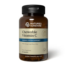 Nature's Sunshine Vitamin C 250mg bottle highlights citrus-flavored chewables for antioxidant support.