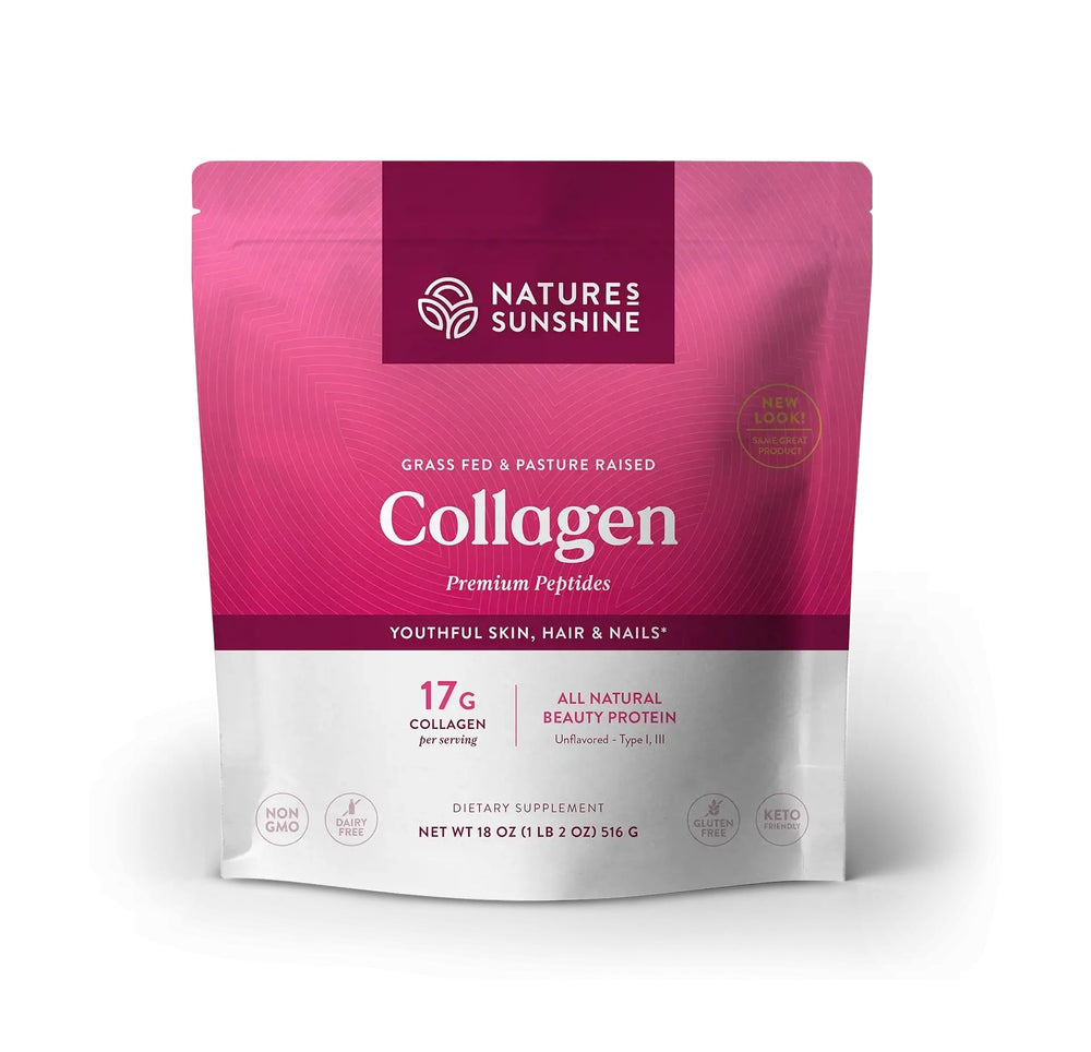 Nature's Sunshine collagen powder bottle with label suggesting joint support.