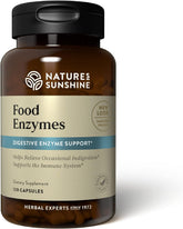 Nature's Sunshine Food Enzymes bottle pour, supports digestion after meals.