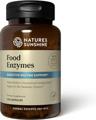 Nature's Sunshine Food Enzymes bottle pour, supports digestion after meals.