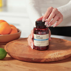 Label detail highlights betaine HCl and bromelain for digestion support.