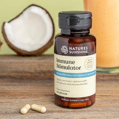 Close-up of Nature's Sunshine Immune Stimulator capsules for convenient daily use