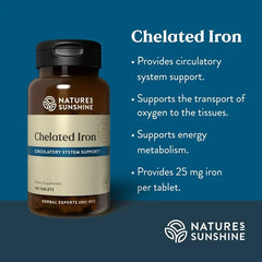 Nature's Sunshine Iron-Chelated 25mg bottle pouring tablets for daily iron support.
