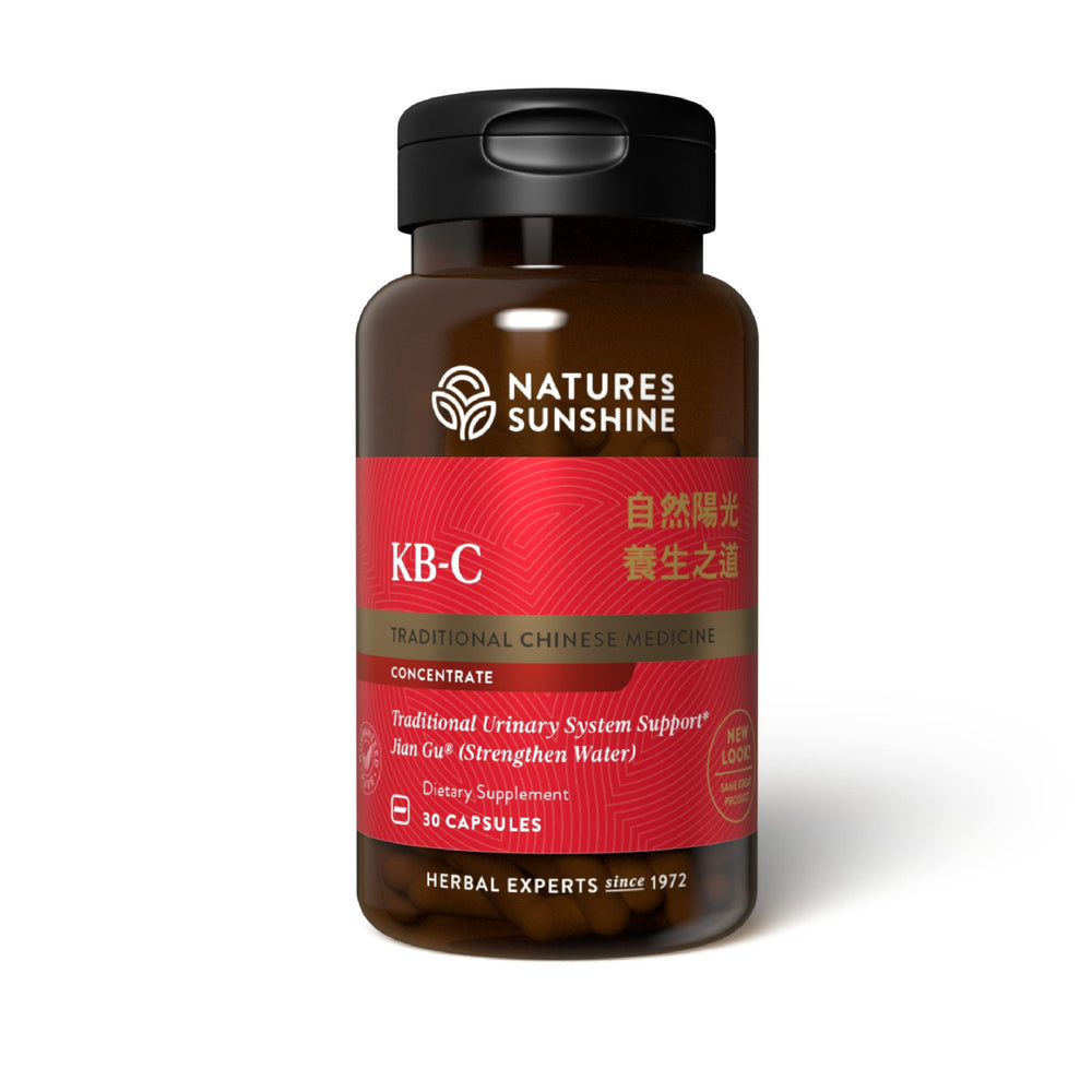 Nature's Sunshine KB-C bottle with capsules for convenient daily kidney and energy support.