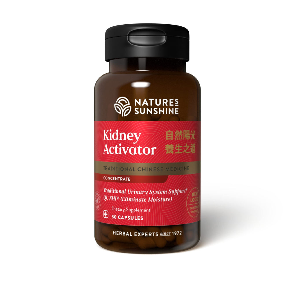 Nature's Sunshine Kidney Activator bottle front highlights product and kidney vitality.