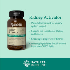 Nature's Sunshine Kidney Activator capsules closeup highlights herbal blend for kidney support.