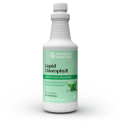 Nature's Sunshine Liquid Chlorophyll bottle with spearmint oil label and green liquid.