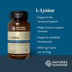 Nature's Sunshine L-Lysine front bottle view emphasizing quality and purity.
