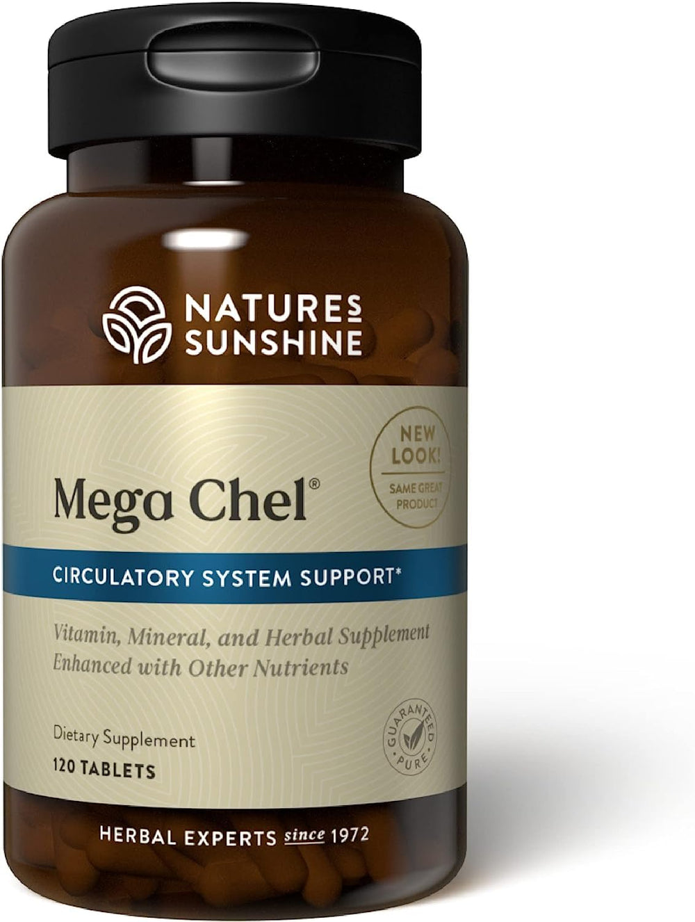Nature's Sunshine Mega-Chel tablets close-up highlighting minerals for circulatory support.