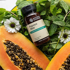 Nature's Sunshine Papaya Mint tablets close-up showing natural ingredients for digestion.