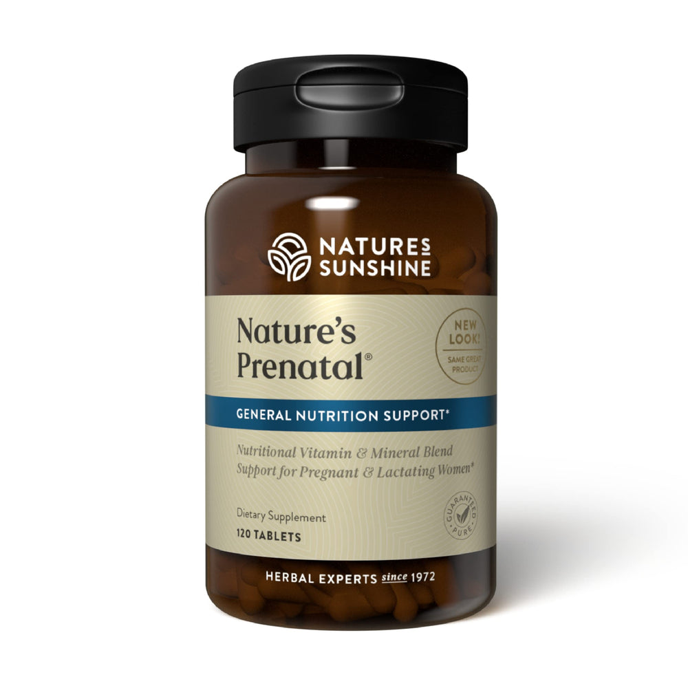 Nature's Sunshine Prenatal tablets on a clean bottle, front view suggesting daily use.