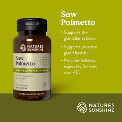Close-up of Nature's Sunshine Saw Palmetto container showing single-ingredient formula