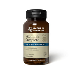 Nature's Sunshine Vitamin E Complete bottle with softgels highlighting antioxidant synergy.