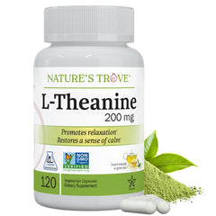 Nature's Trove L-Theanine 200mg bottle front view highlighting calm focus