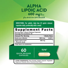 Closeup of Nature's Truth Alpha Lipoic Acid 600mg capsules in quick-release form.