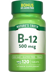 Nature's Truth B12 bottle front with compact vegan tablets for daily wellness.