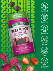 Nature's Truth Beet Root Gummies bottle side view showcases packaging and 60-count supply.