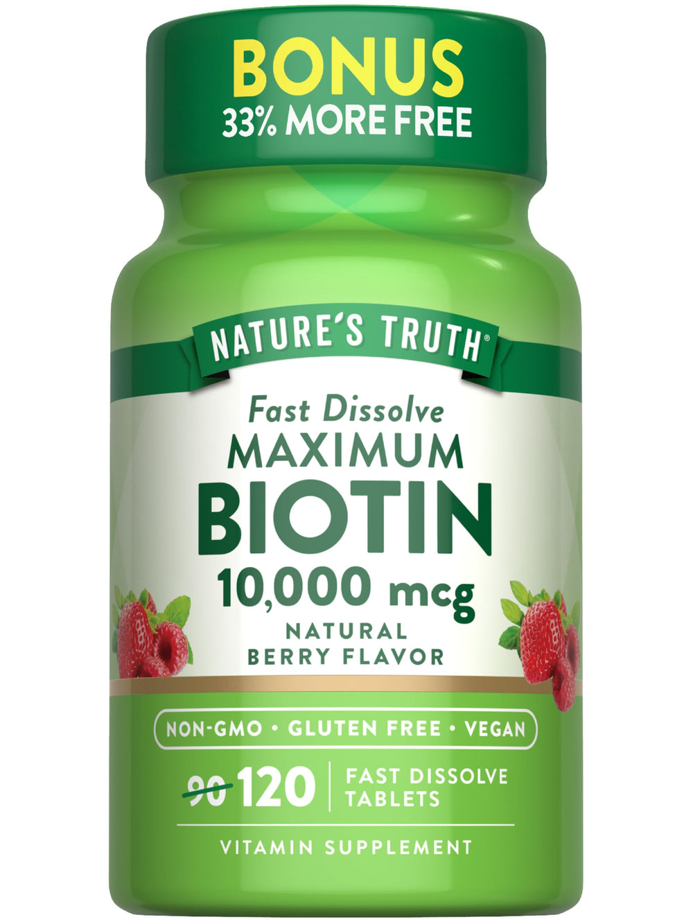 Nature's Truth Biotin 10000mcg fast-dissolve tablets with natural berry flavor for daily use