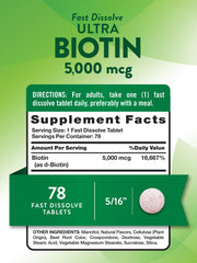 Closeup of Nature's Truth Biotin 5000mcg fast-dissolve tablets in berry flavor