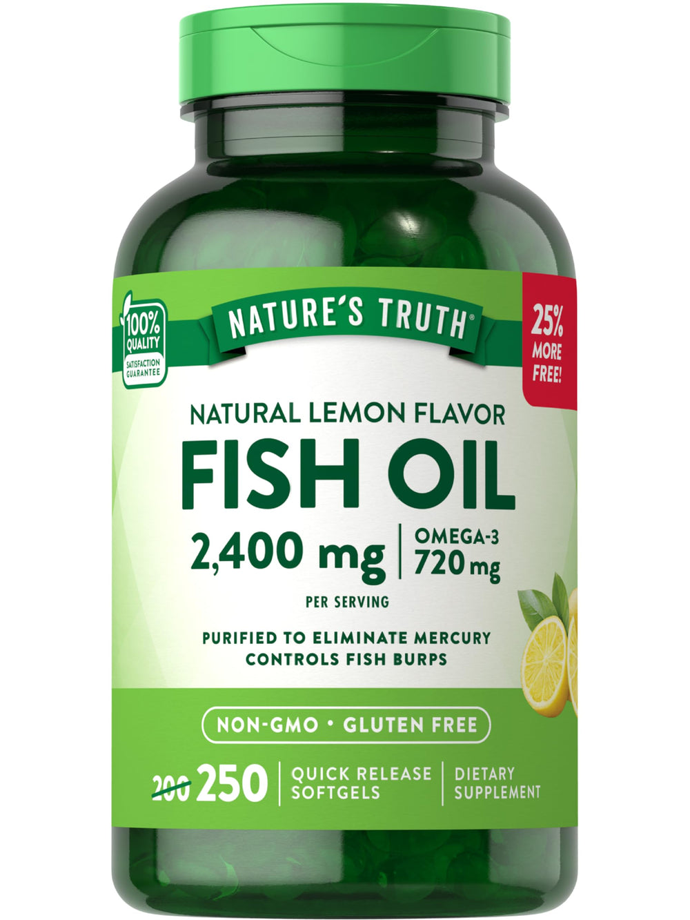 Nature's Truth burpless fish oil bottle with lemon flavor for easy swallowing.