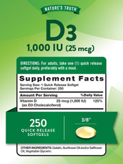 Nature's Truth D3 softgels close-up for easy daily dosing.