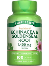 Nature's Truth Echinacea Goldenseal capsules bottle highlights vegan herbal support for daily wellness.