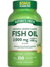 Nature's Truth fish oil 2000 mg lemon softgels on a tray, convenient daily omega-3.