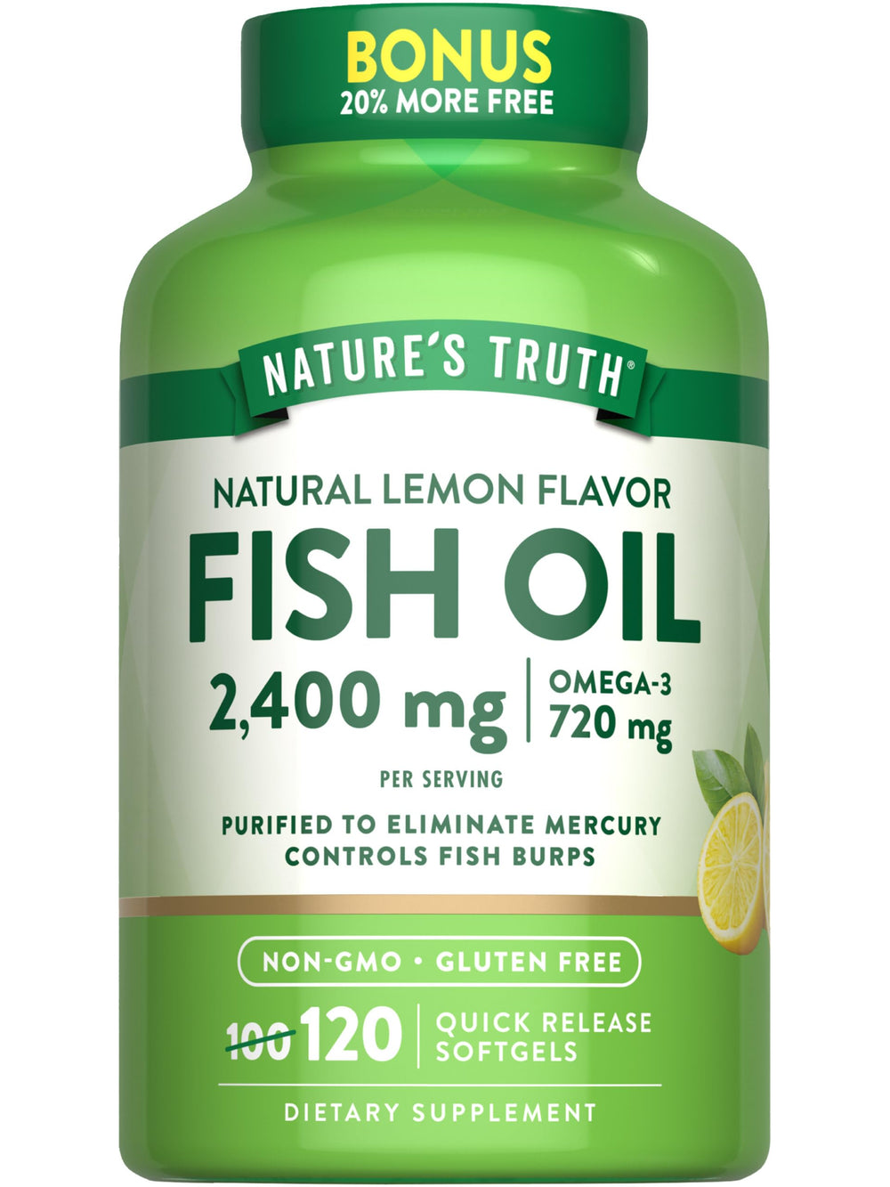 Nature's Truth Fish Oil 2400mg bottle showing purified oil for daily omega-3 support