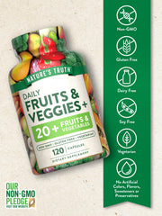 Nature’s Truth Fruits and Vegetables collage depicts 20+ ingredients for balanced daily nutrition.