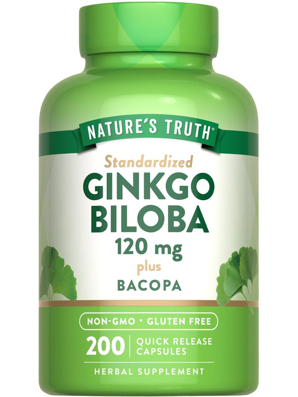 Nature's Truth Ginkgo Biloba bottle shows standardized extract for daily focus.