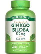 Nature's Truth Ginkgo Biloba bottle shows standardized extract for daily focus.
