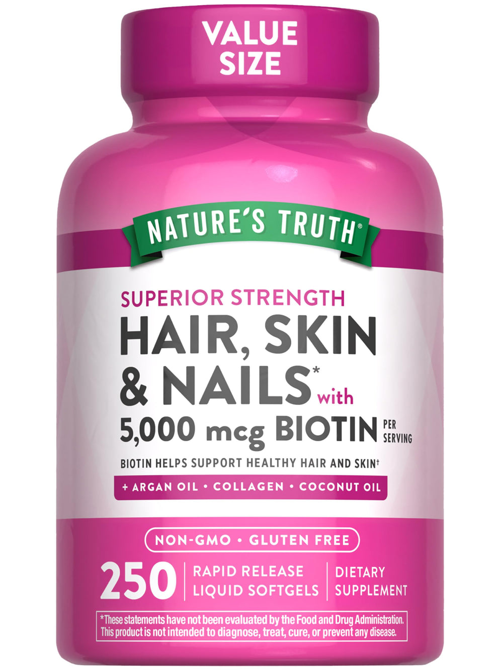 Nature's Truth Hair, Skin & Nails softgels bottle with 5,000 mcg biotin for daily vitality