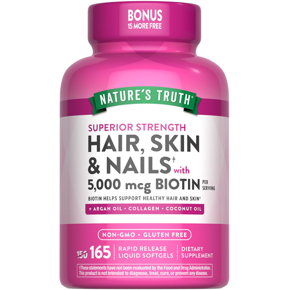 Nature's Truth Hair, Skin and Nails softgels bottle highlights 5,000 mcg biotin for hair support.