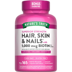 Nature's Truth Hair, Skin and Nails softgels bottle highlights 5,000 mcg biotin for hair support.