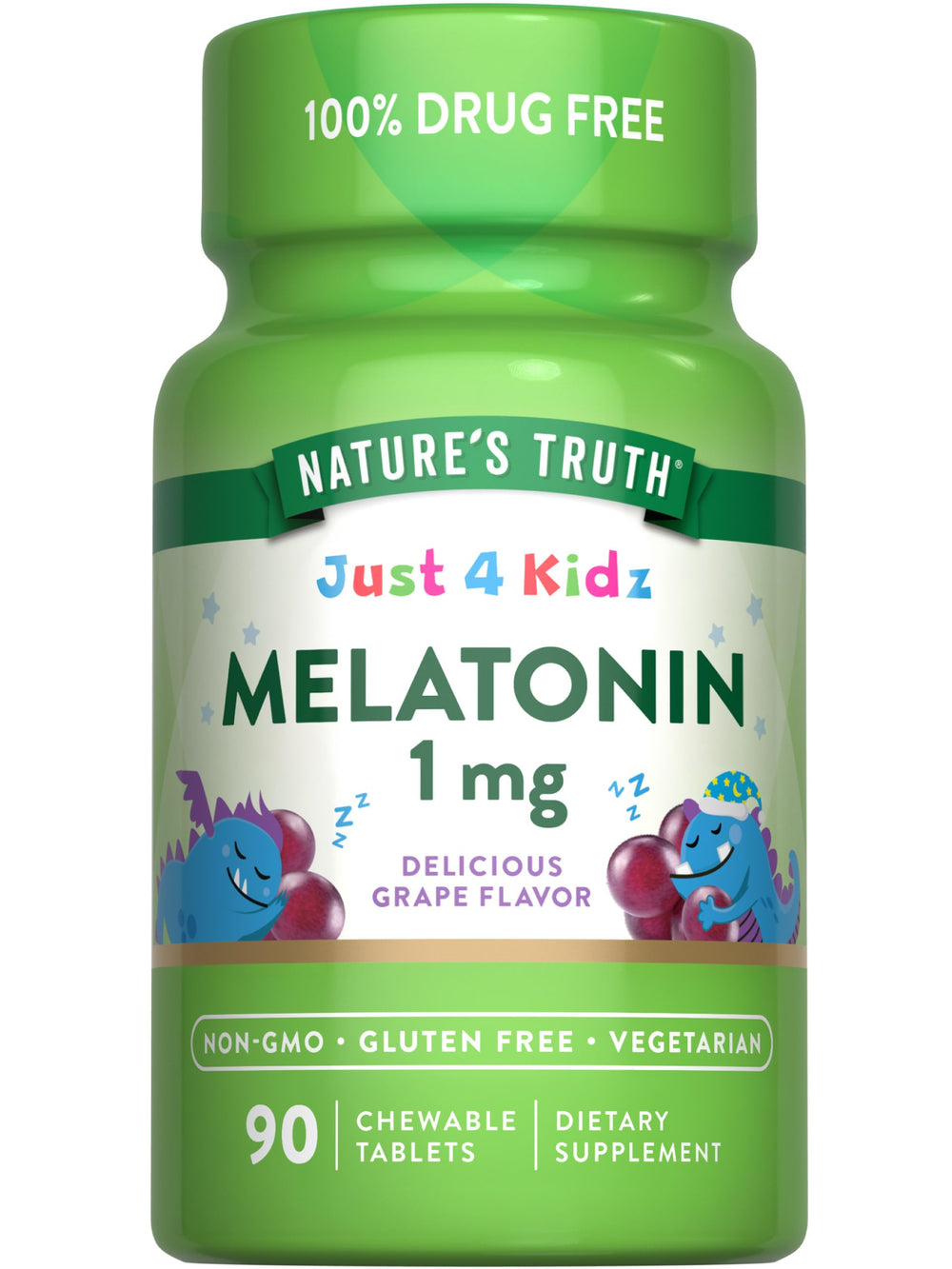 Nature's Truth Kids Melatonin grape tablets shown on a cheerful nightstand scene for a calm bedtime