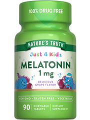 Nature's Truth Kids Melatonin grape tablets shown on a cheerful nightstand scene for a calm bedtime