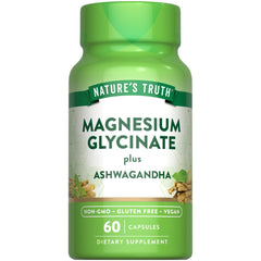 Nature's Truth magnesio glicinato con ashwagandha, cápsulas en botella para uso diario.