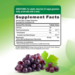Close-up of grape-flavored gummies highlighting vegan, gluten-free, non-GMO formula.