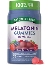 Nature's Truth Melatonin 10mg gummies bottle on nightstand for restful evenings.