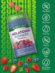 Nature's Truth melatonin 10mg gummies closeup highlights berry flavor and texture.