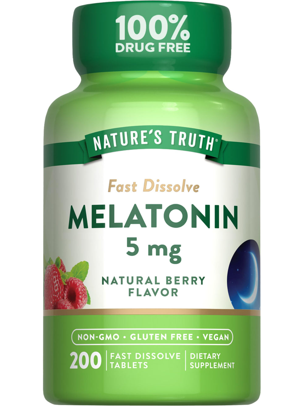 Nature's Truth Melatonin 5mg fast-dissolve bottle on nightstand supporting a calm bedtime routine.