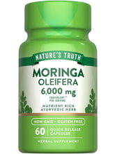 Nature's Truth Moringa capsules bottle label with high-potency 6000mg blend for daily wellness.